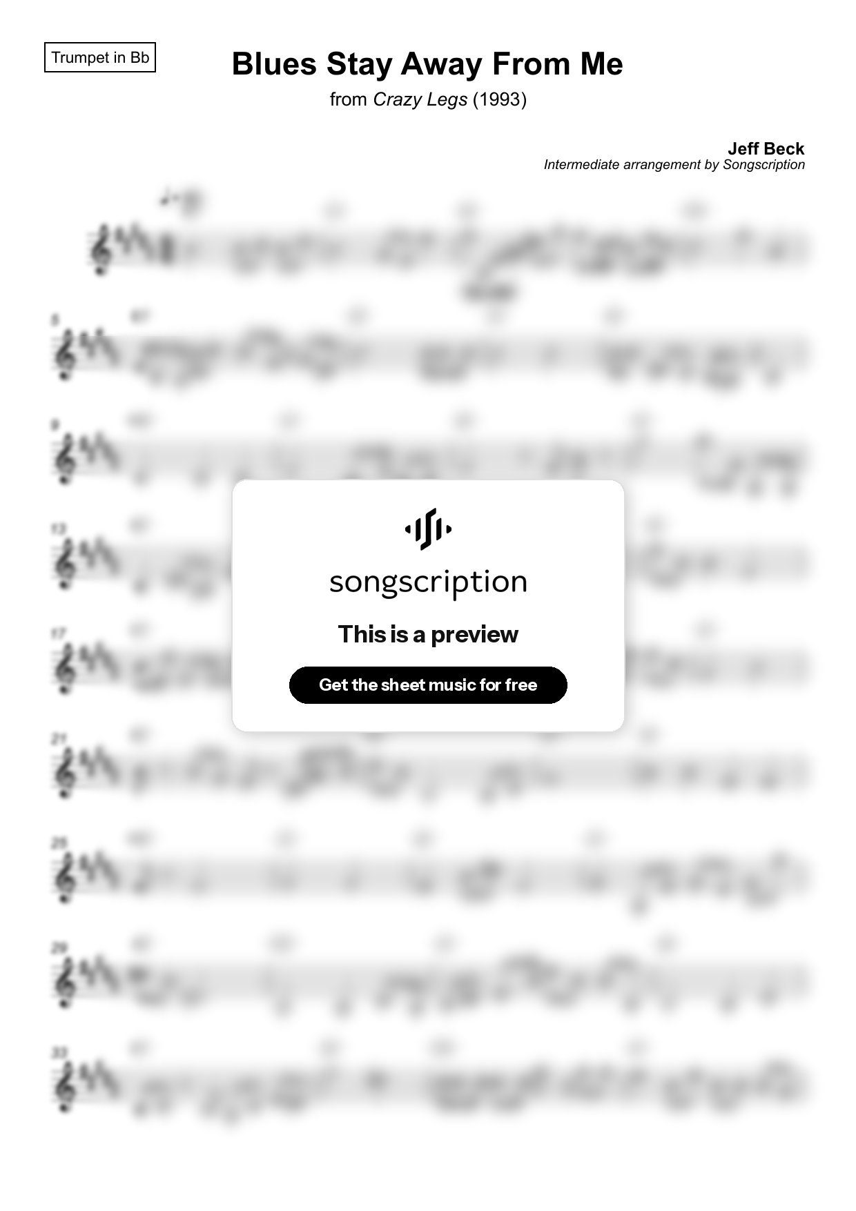 Intermediate Trumpet Sheet Music for "Blues Stay Away From Me" by Jeff Beck