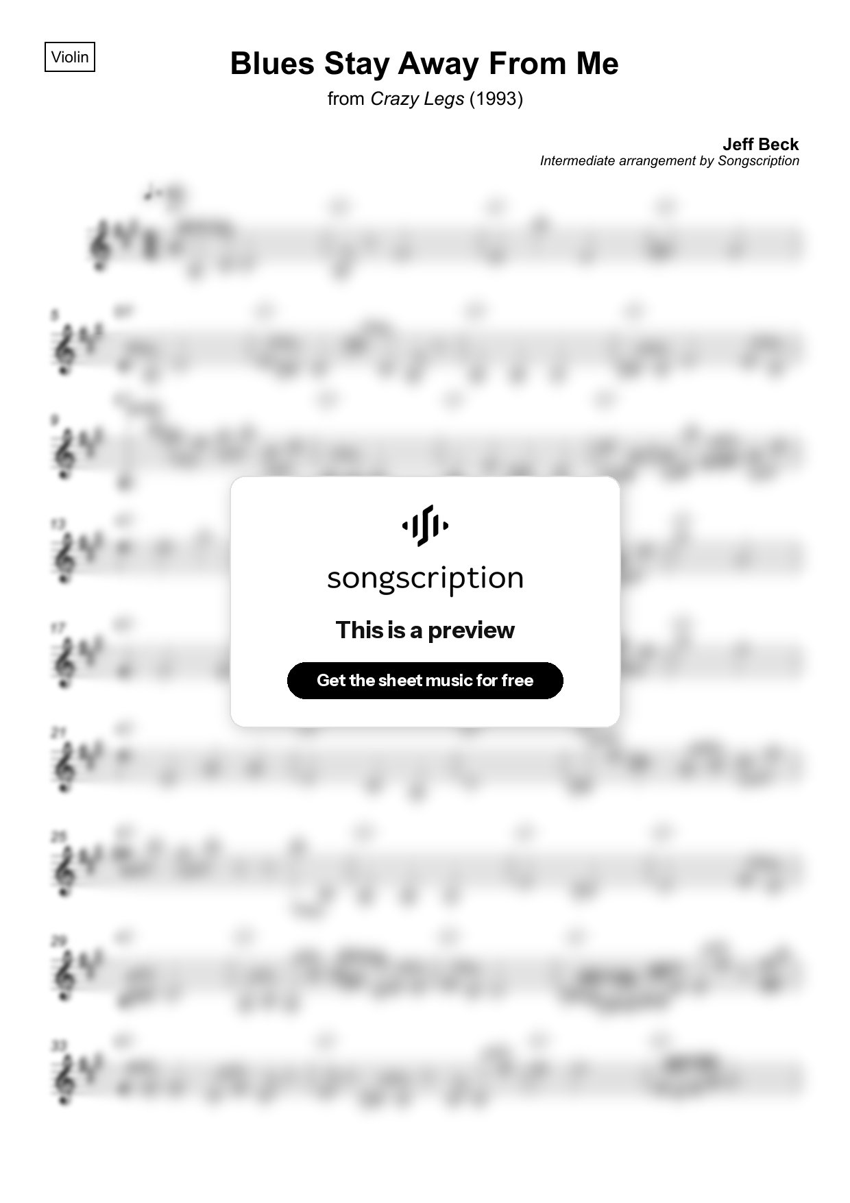 Intermediate Violin Sheet Music for "Blues Stay Away From Me" by Jeff Beck