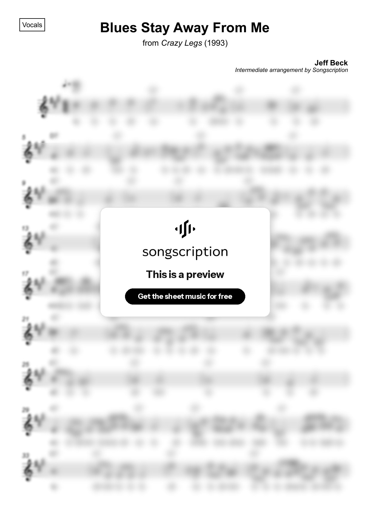 Intermediate Vocals Sheet Music for "Blues Stay Away From Me" by Jeff Beck