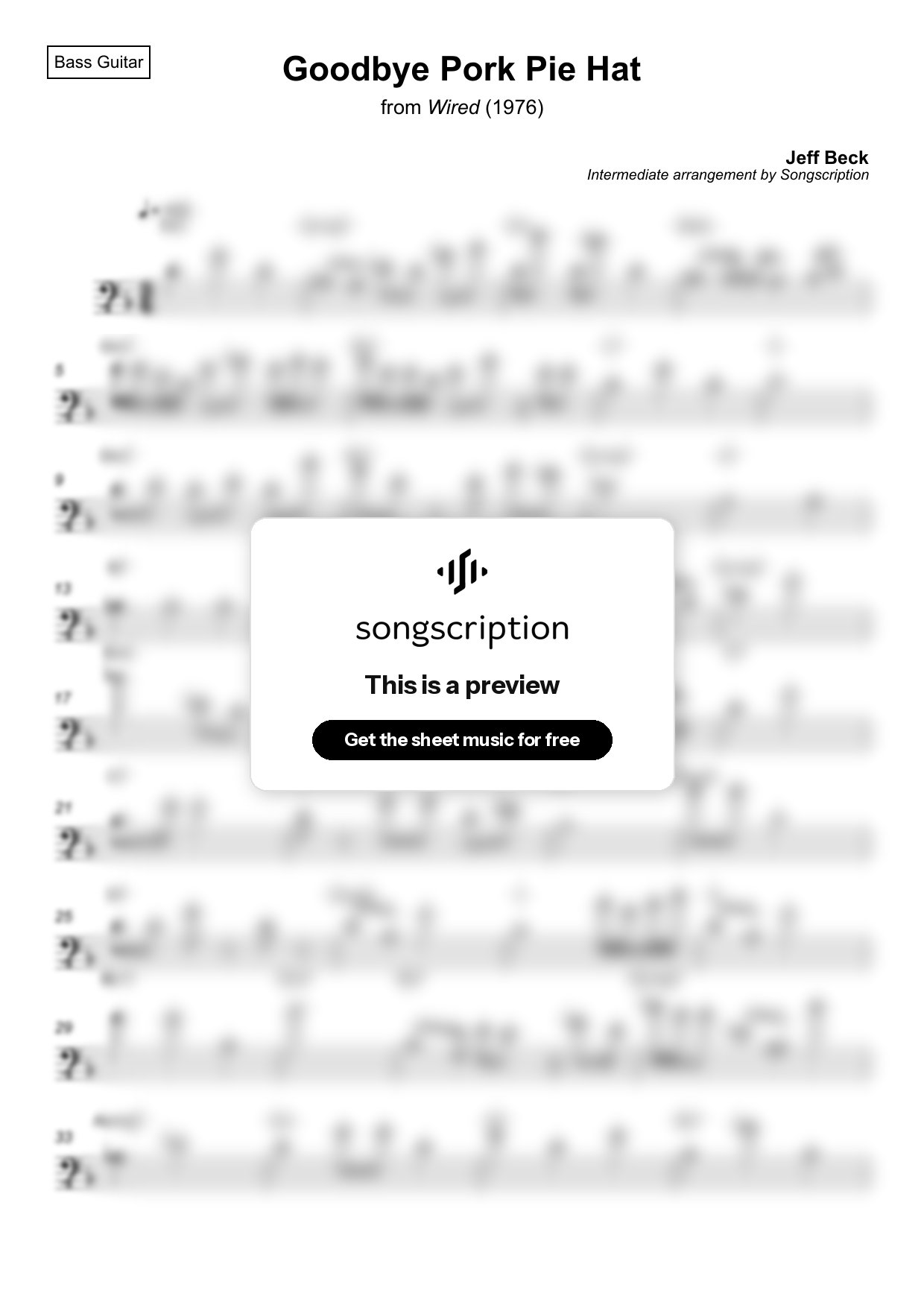 Intermediate Bass Guitar Sheet Music for "Goodbye Pork Pie Hat" by Jeff Beck