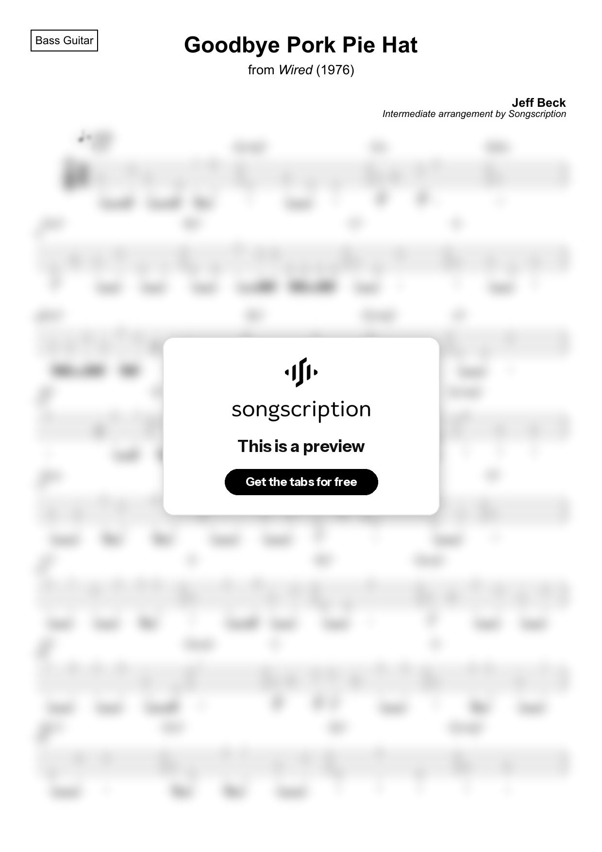 Intermediate Bass Guitar Tabs for "Goodbye Pork Pie Hat" by Jeff Beck