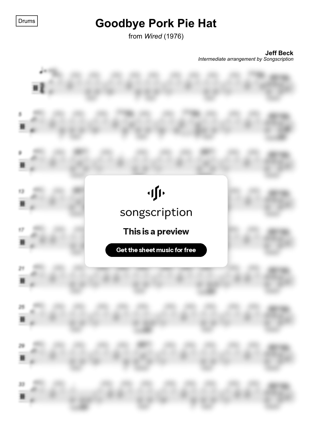 Intermediate Drums Sheet Music for "Goodbye Pork Pie Hat" by Jeff Beck