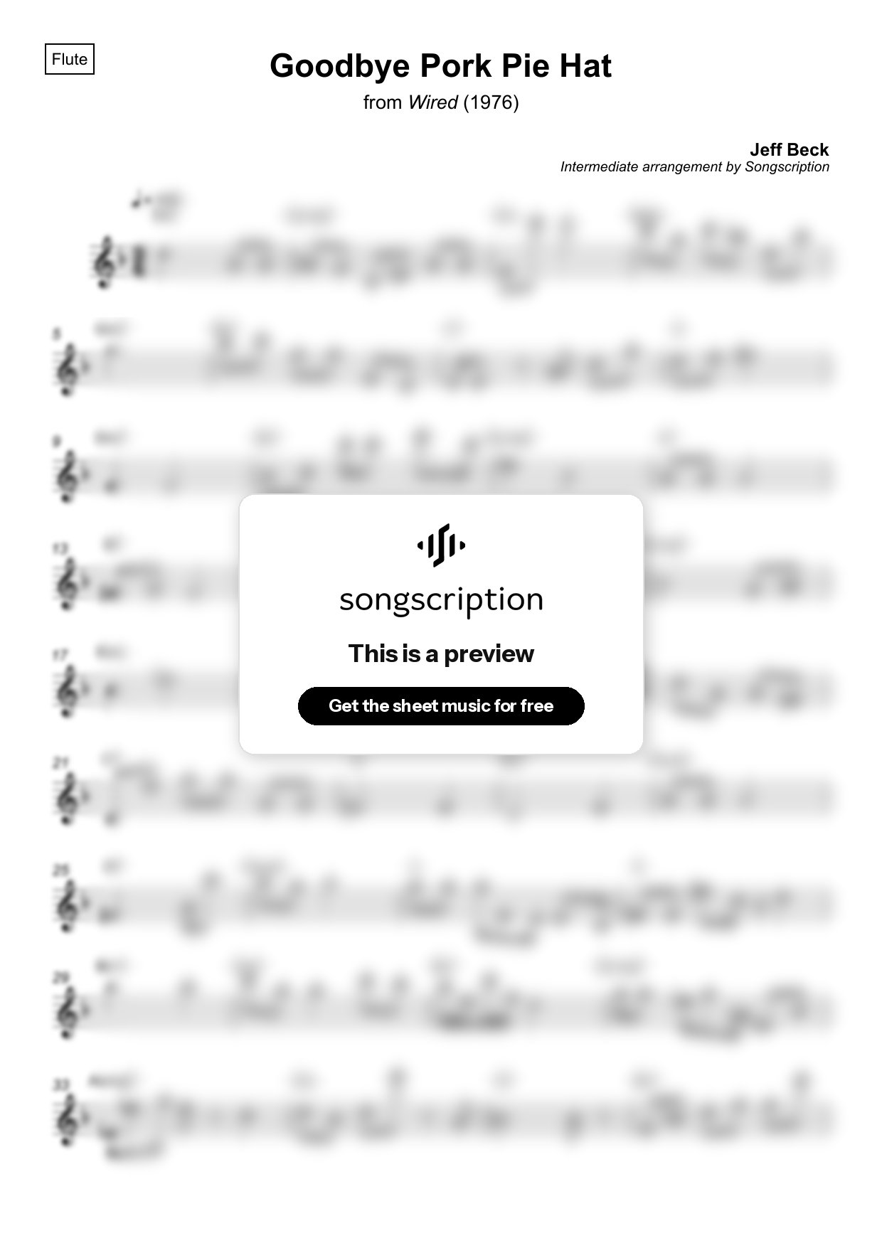 Intermediate Flute Sheet Music for "Goodbye Pork Pie Hat" by Jeff Beck