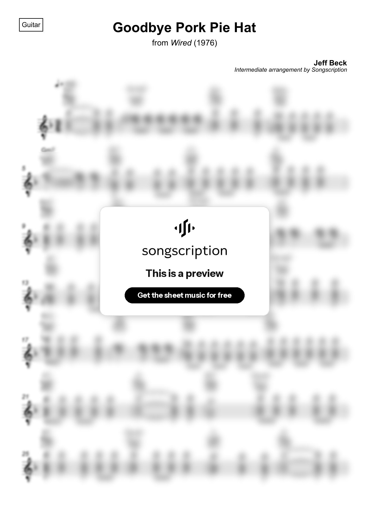 Intermediate Acoustic Guitar Sheet Music for "Goodbye Pork Pie Hat" by Jeff Beck