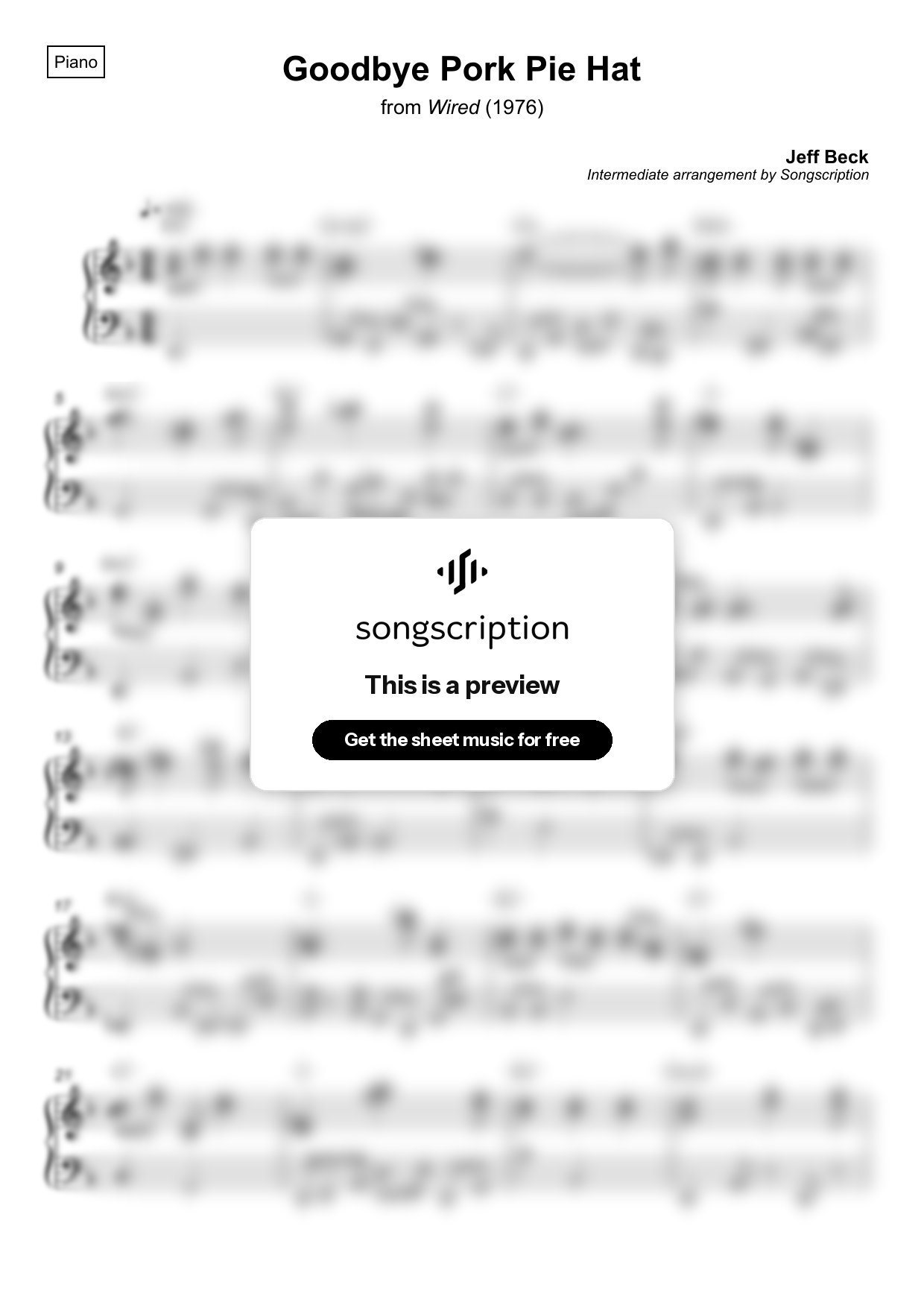 Intermediate Piano Sheet Music for "Goodbye Pork Pie Hat" by Jeff Beck