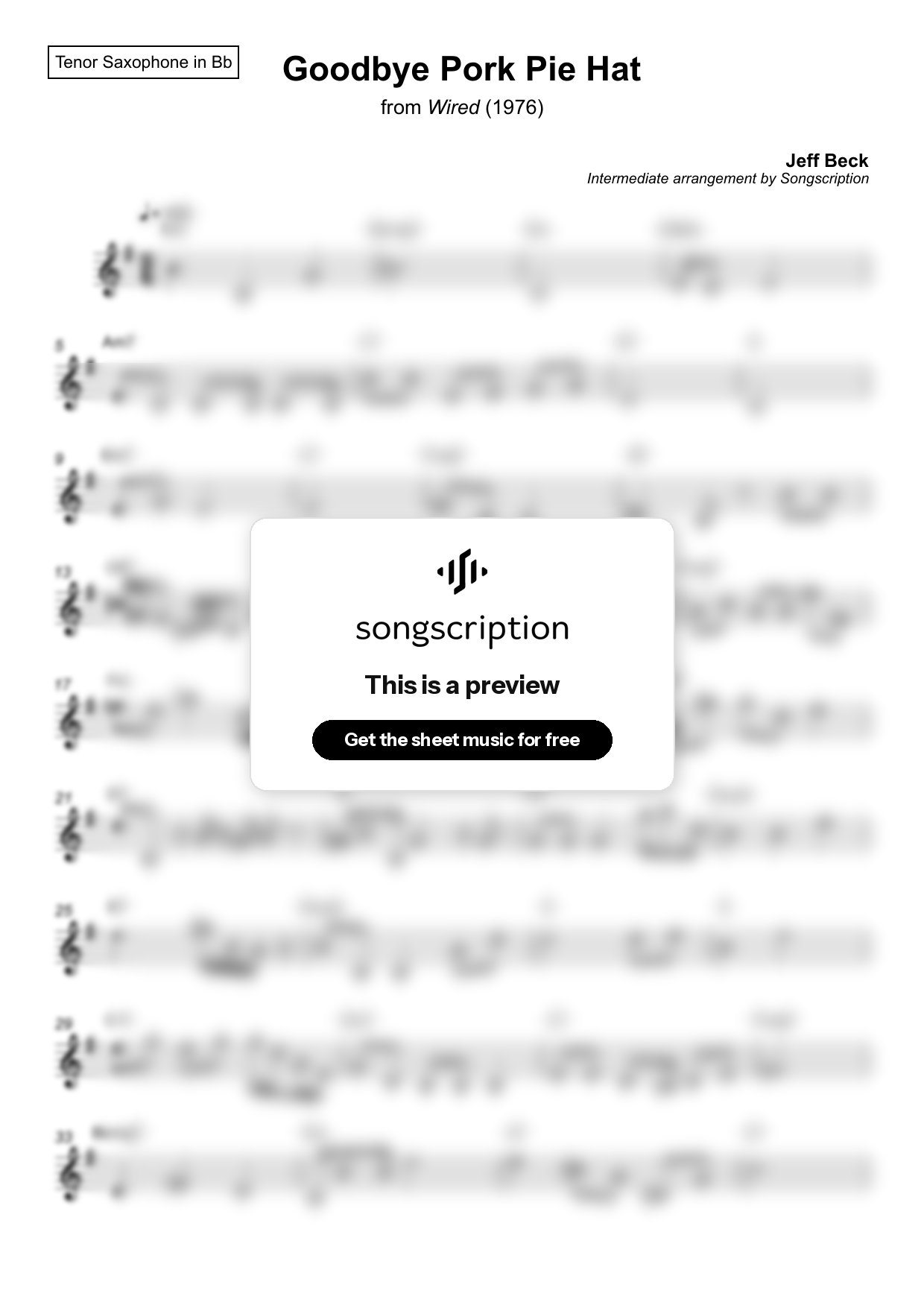 Intermediate Tenor Sax Sheet Music for "Goodbye Pork Pie Hat" by Jeff Beck