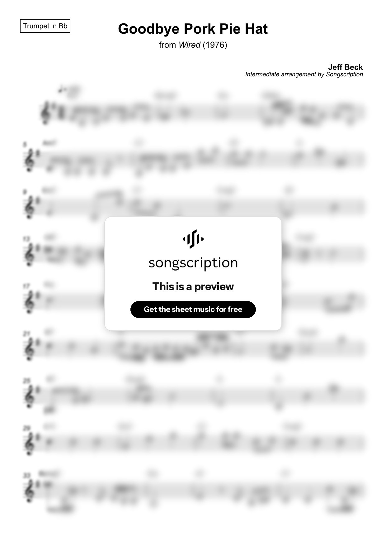 Intermediate Trumpet Sheet Music for "Goodbye Pork Pie Hat" by Jeff Beck