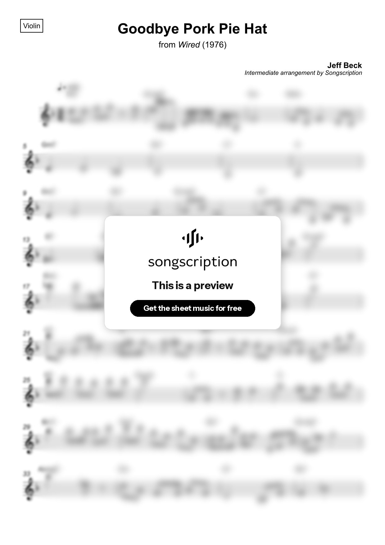 Intermediate Violin Sheet Music for "Goodbye Pork Pie Hat" by Jeff Beck