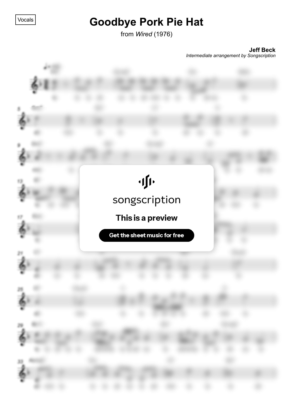 Intermediate Vocals Sheet Music for "Goodbye Pork Pie Hat" by Jeff Beck