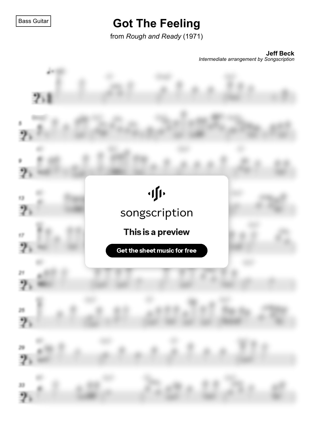 Intermediate Bass Guitar Sheet Music for "Got The Feeling" by Jeff Beck