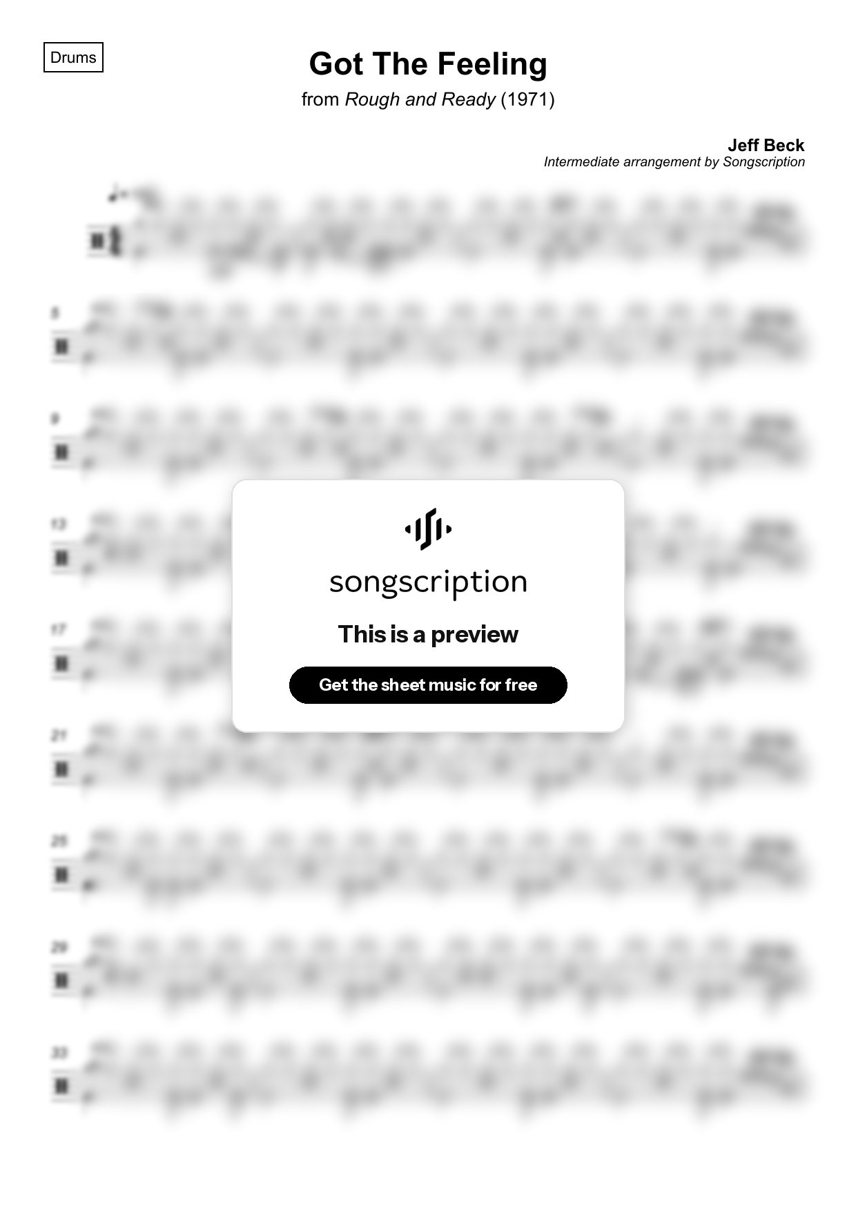 Intermediate Drums Sheet Music for "Got The Feeling" by Jeff Beck