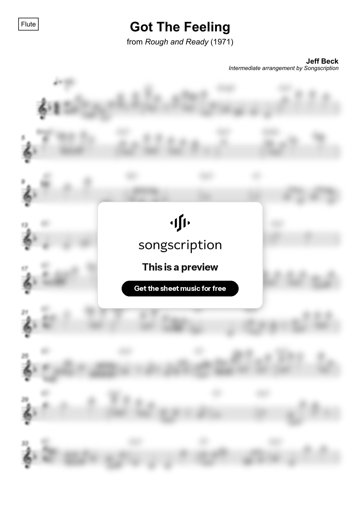 Intermediate Flute Sheet Music for "Got The Feeling" by Jeff Beck