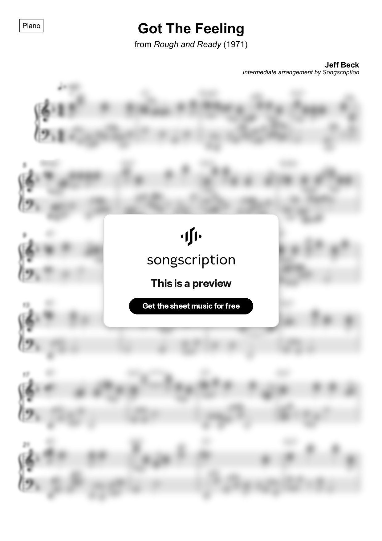 Intermediate Piano Sheet Music for "Got The Feeling" by Jeff Beck
