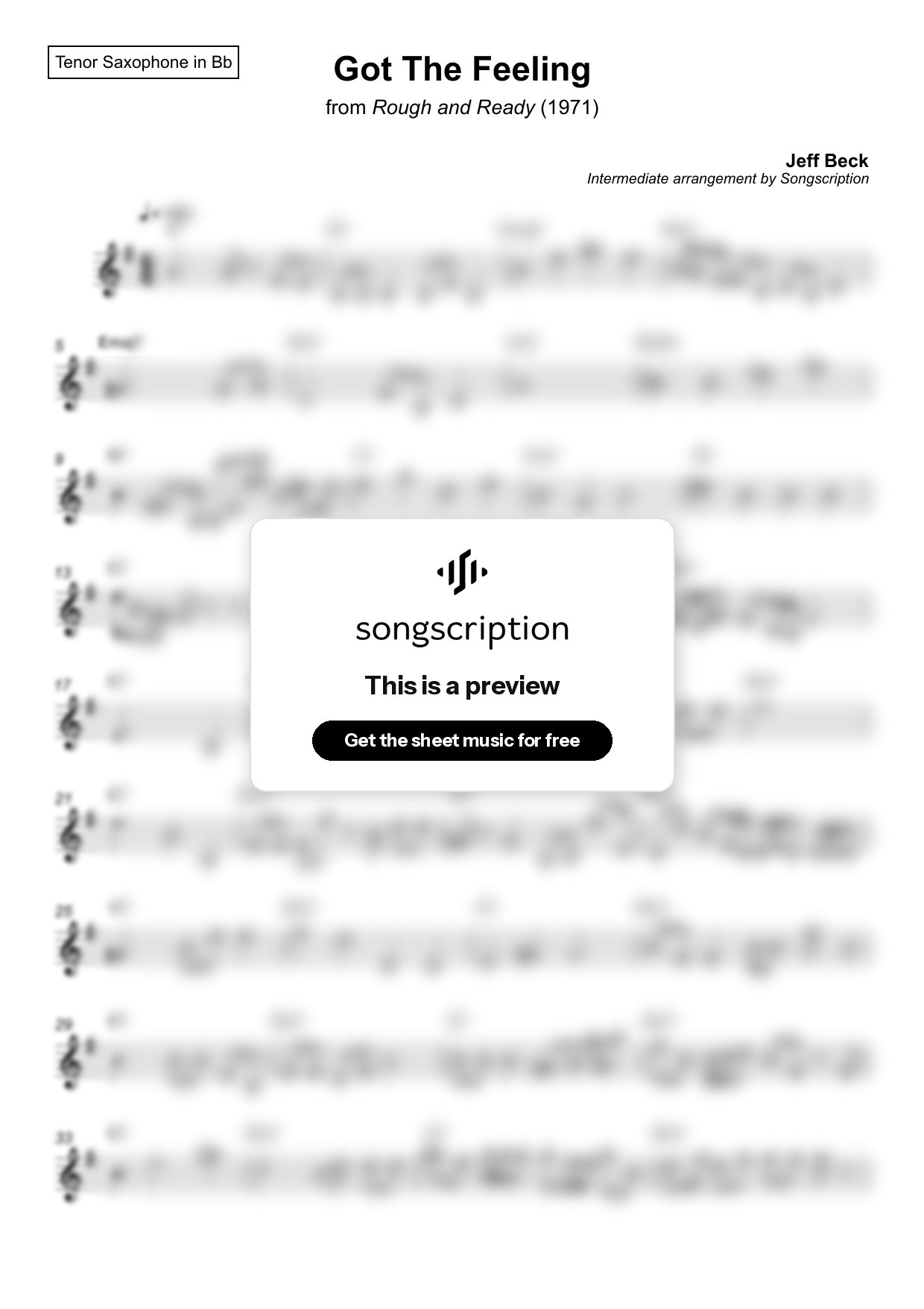 Intermediate Tenor Sax Sheet Music for "Got The Feeling" by Jeff Beck