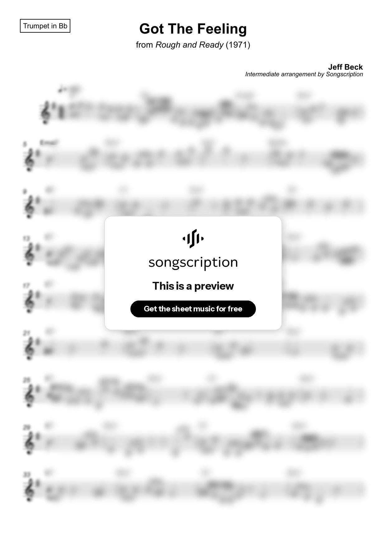 Intermediate Trumpet Sheet Music for "Got The Feeling" by Jeff Beck