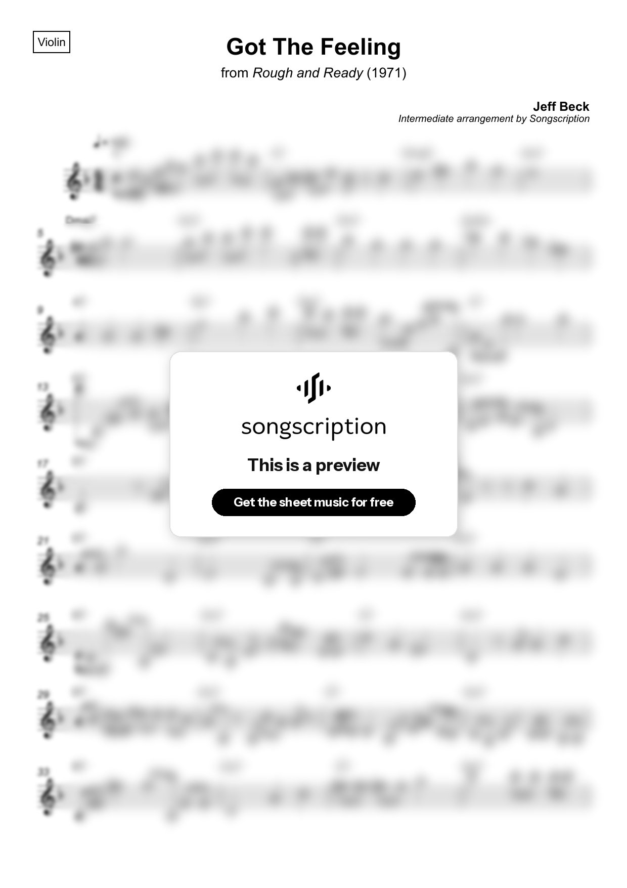 Intermediate Violin Sheet Music for "Got The Feeling" by Jeff Beck
