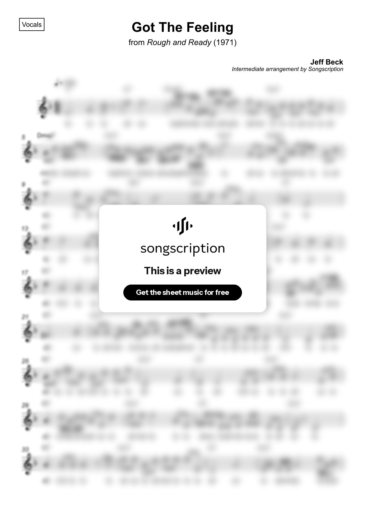 Intermediate Vocals Sheet Music for "Got The Feeling" by Jeff Beck