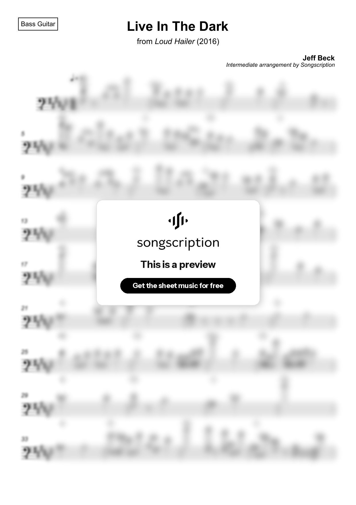 Intermediate Bass Guitar Sheet Music for "Live In The Dark" by Jeff Beck