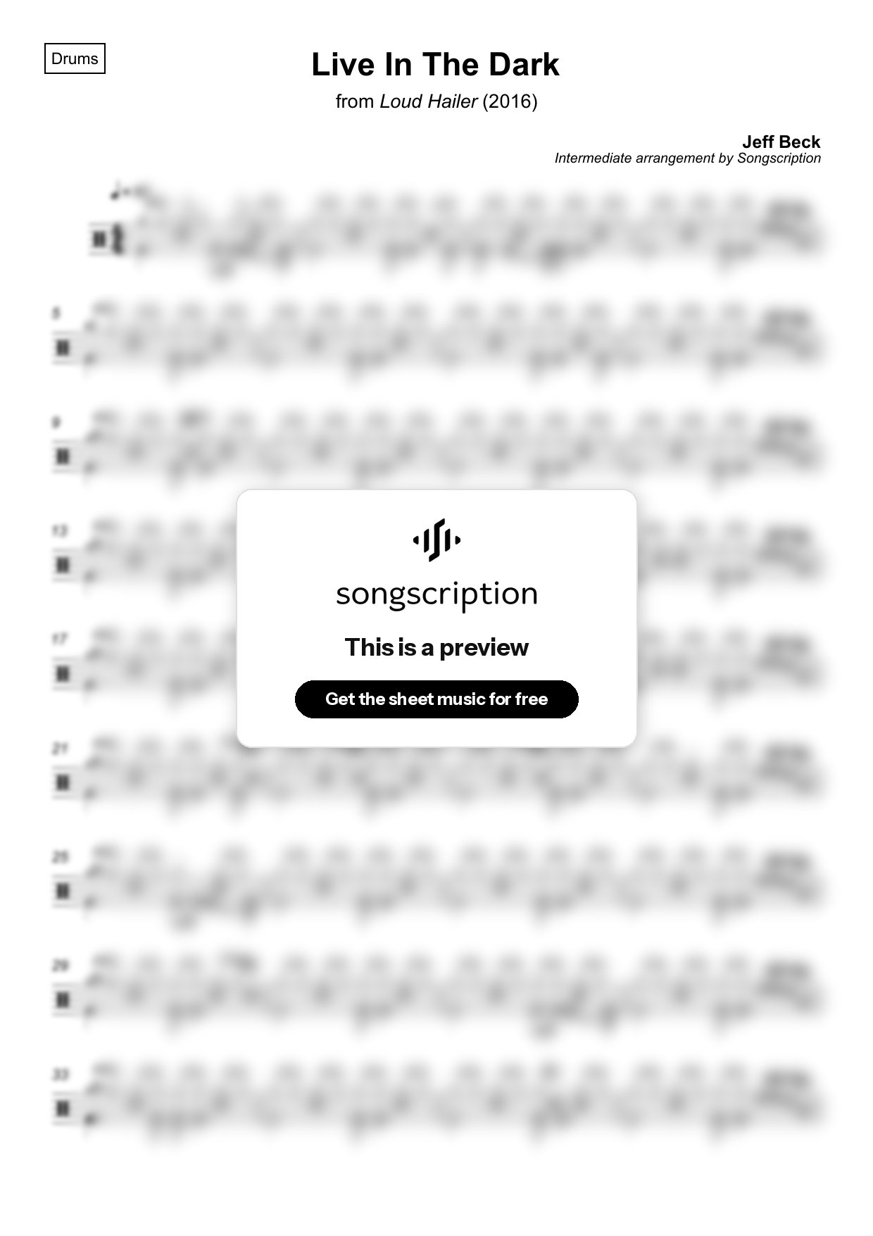 Intermediate Drums Sheet Music for "Live In The Dark" by Jeff Beck