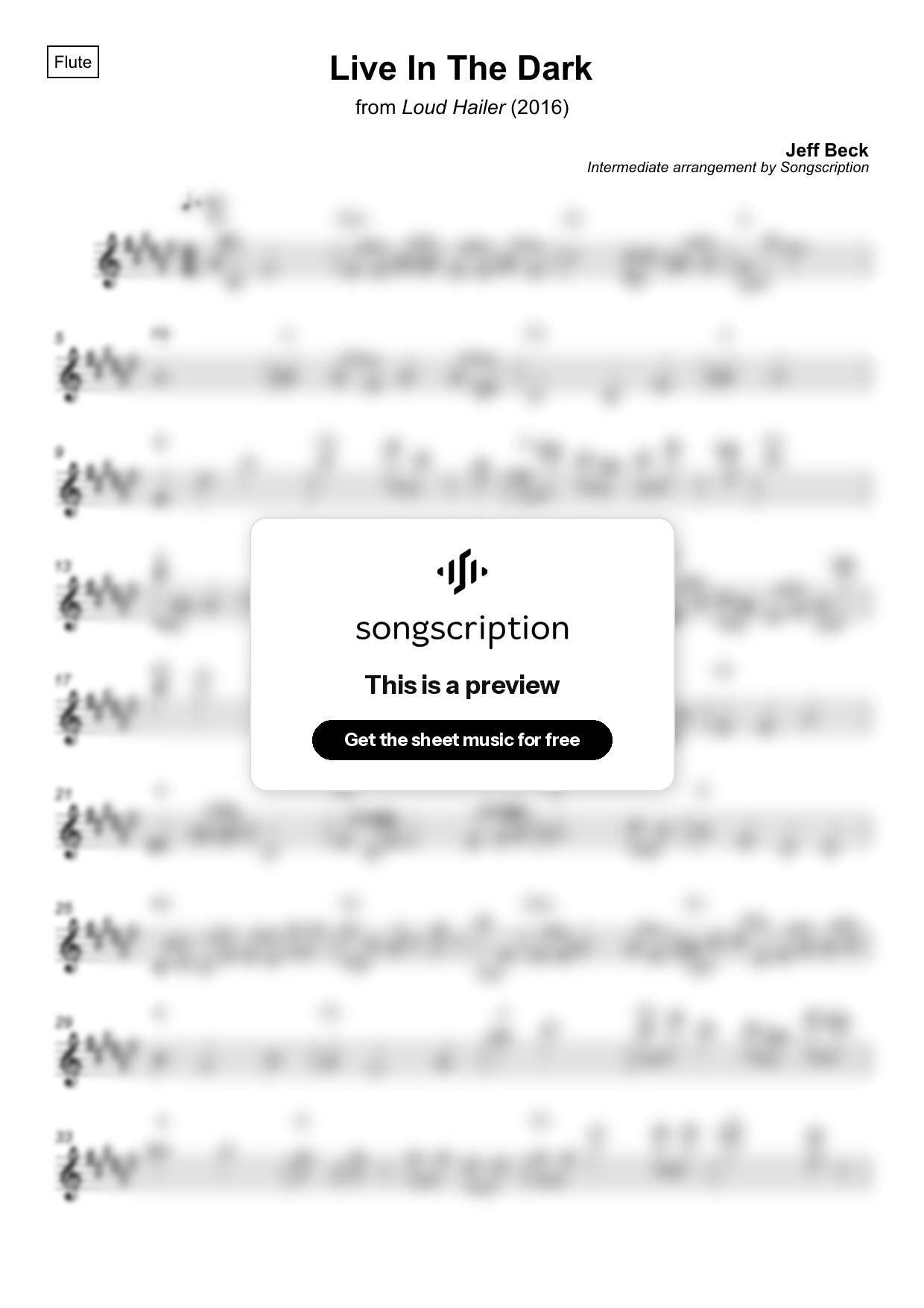 Intermediate Flute Sheet Music for "Live In The Dark" by Jeff Beck