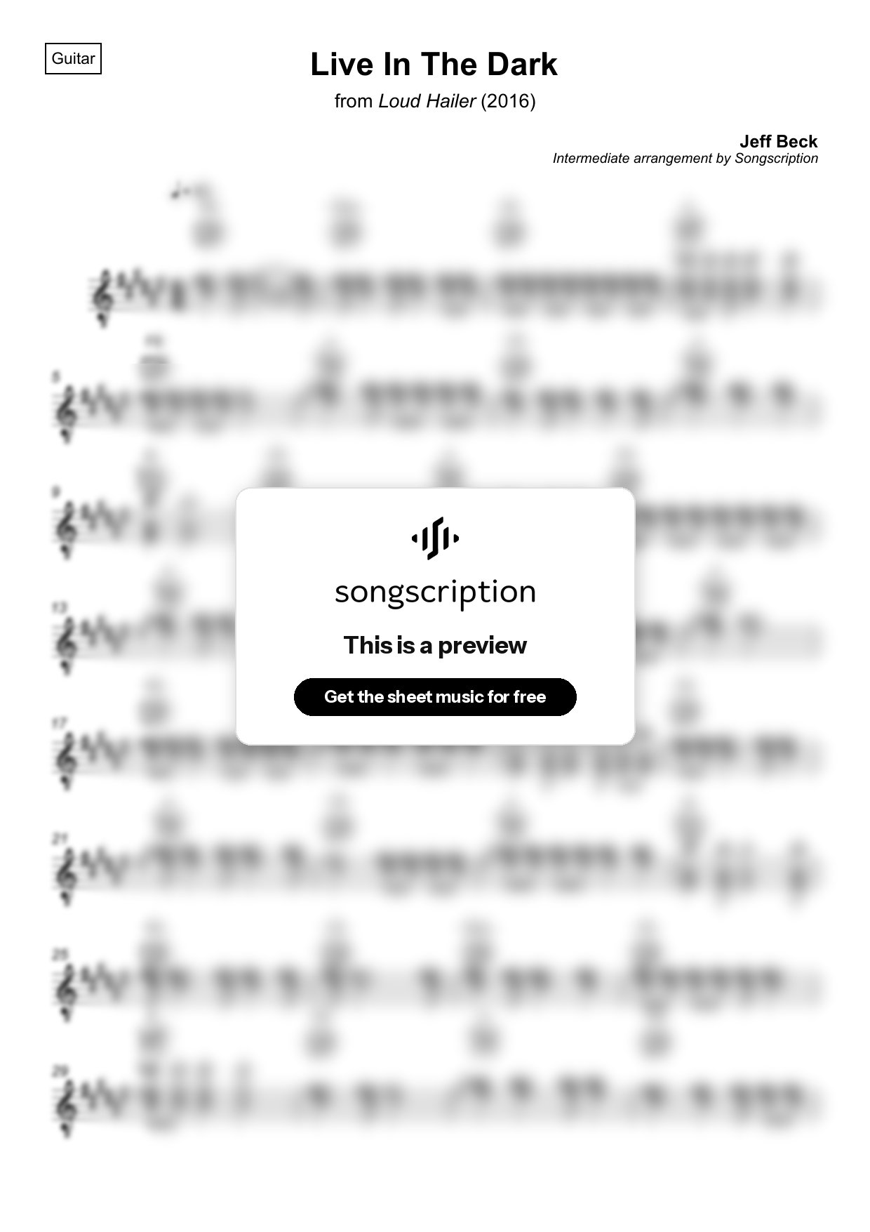 Intermediate Acoustic Guitar Sheet Music for "Live In The Dark" by Jeff Beck