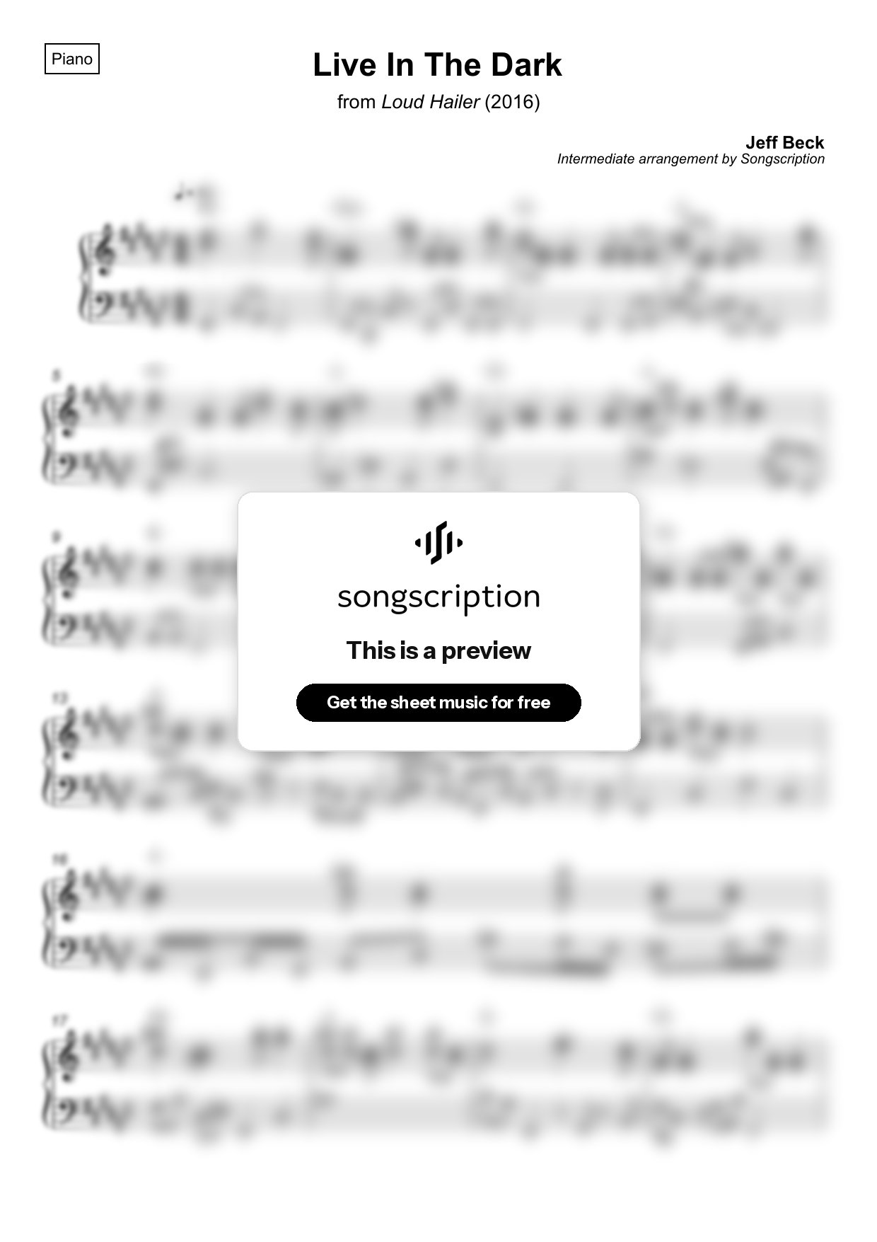 Intermediate Piano Sheet Music for "Live In The Dark" by Jeff Beck
