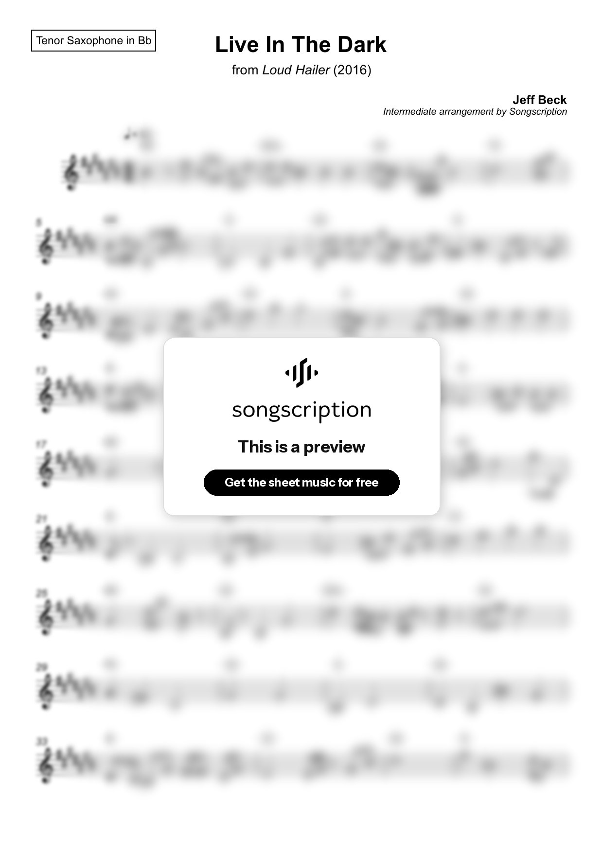 Intermediate Tenor Sax Sheet Music for "Live In The Dark" by Jeff Beck