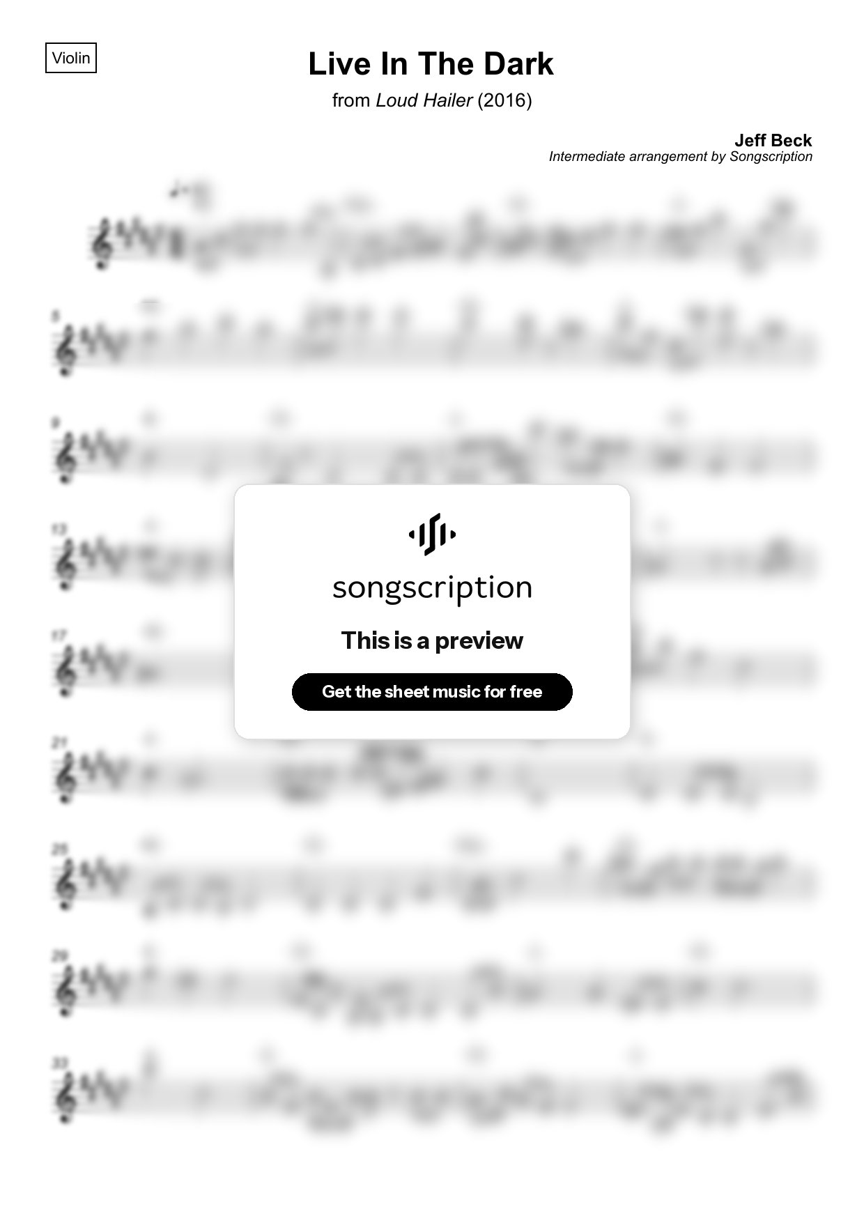 Intermediate Violin Sheet Music for "Live In The Dark" by Jeff Beck
