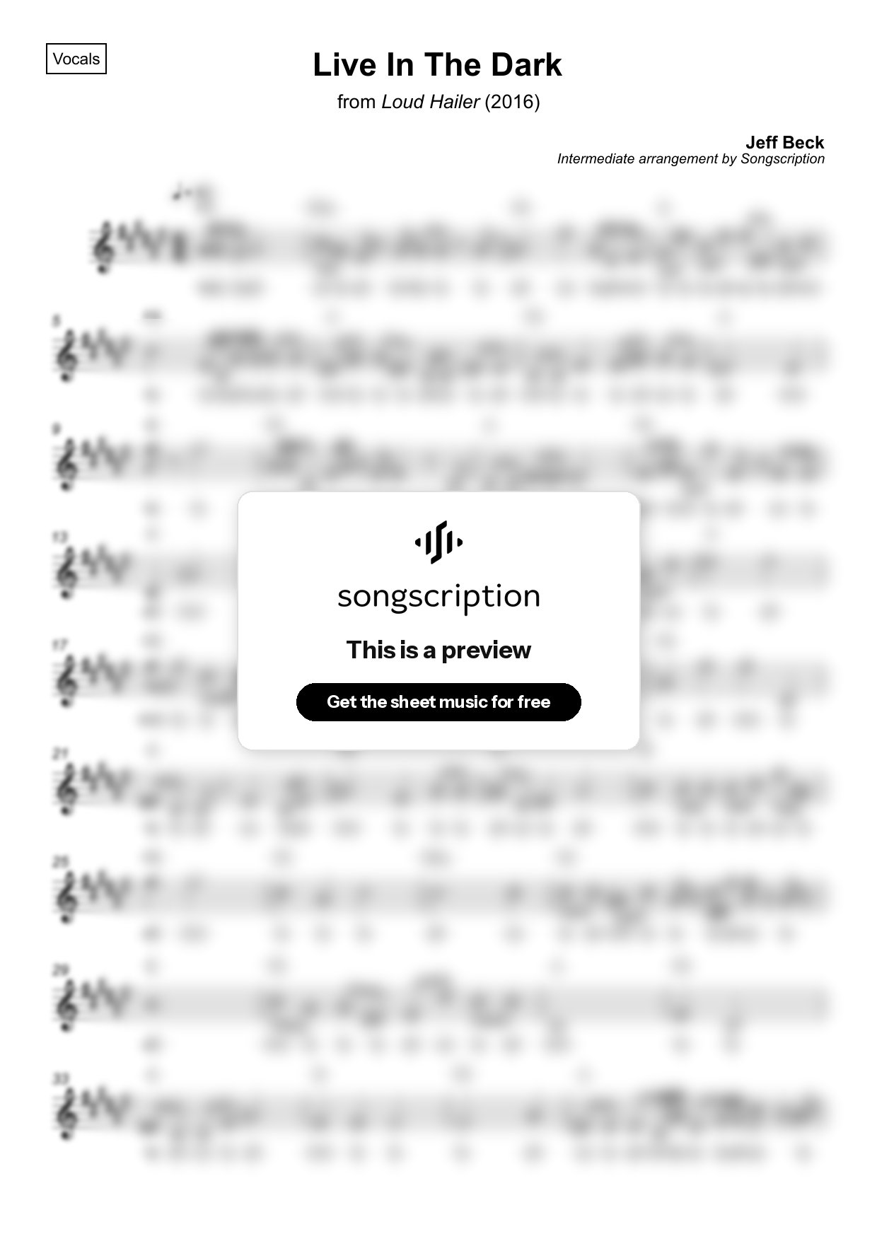 Intermediate Vocals Sheet Music for "Live In The Dark" by Jeff Beck