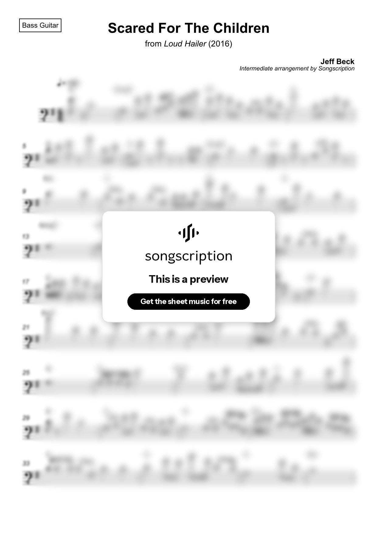Intermediate Bass Guitar Sheet Music for "Scared For The Children" by Jeff Beck