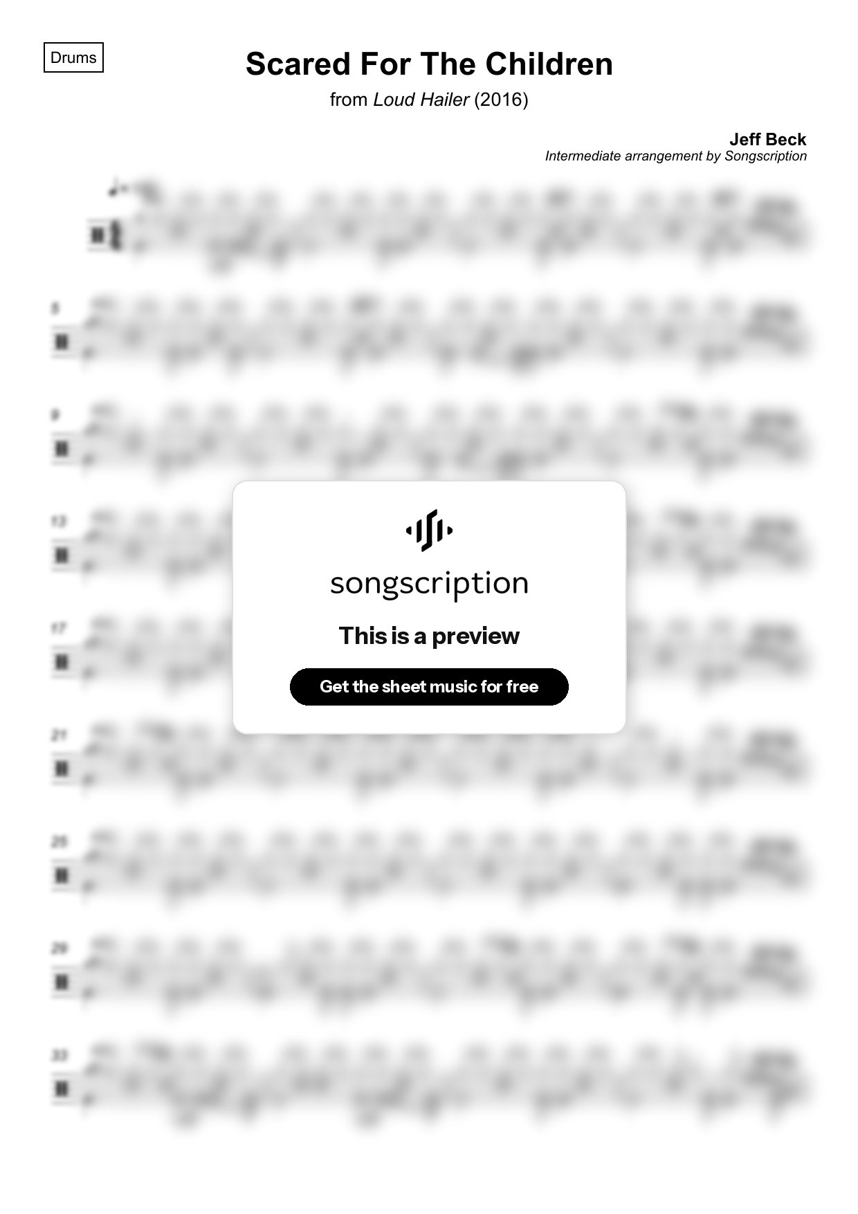 Intermediate Drums Sheet Music for "Scared For The Children" by Jeff Beck