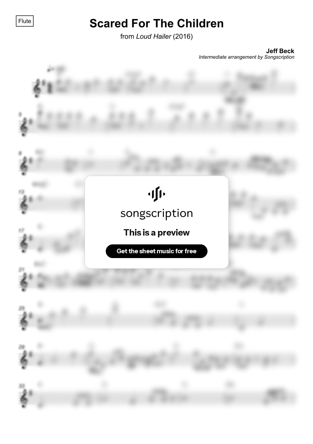 Intermediate Flute Sheet Music for "Scared For The Children" by Jeff Beck