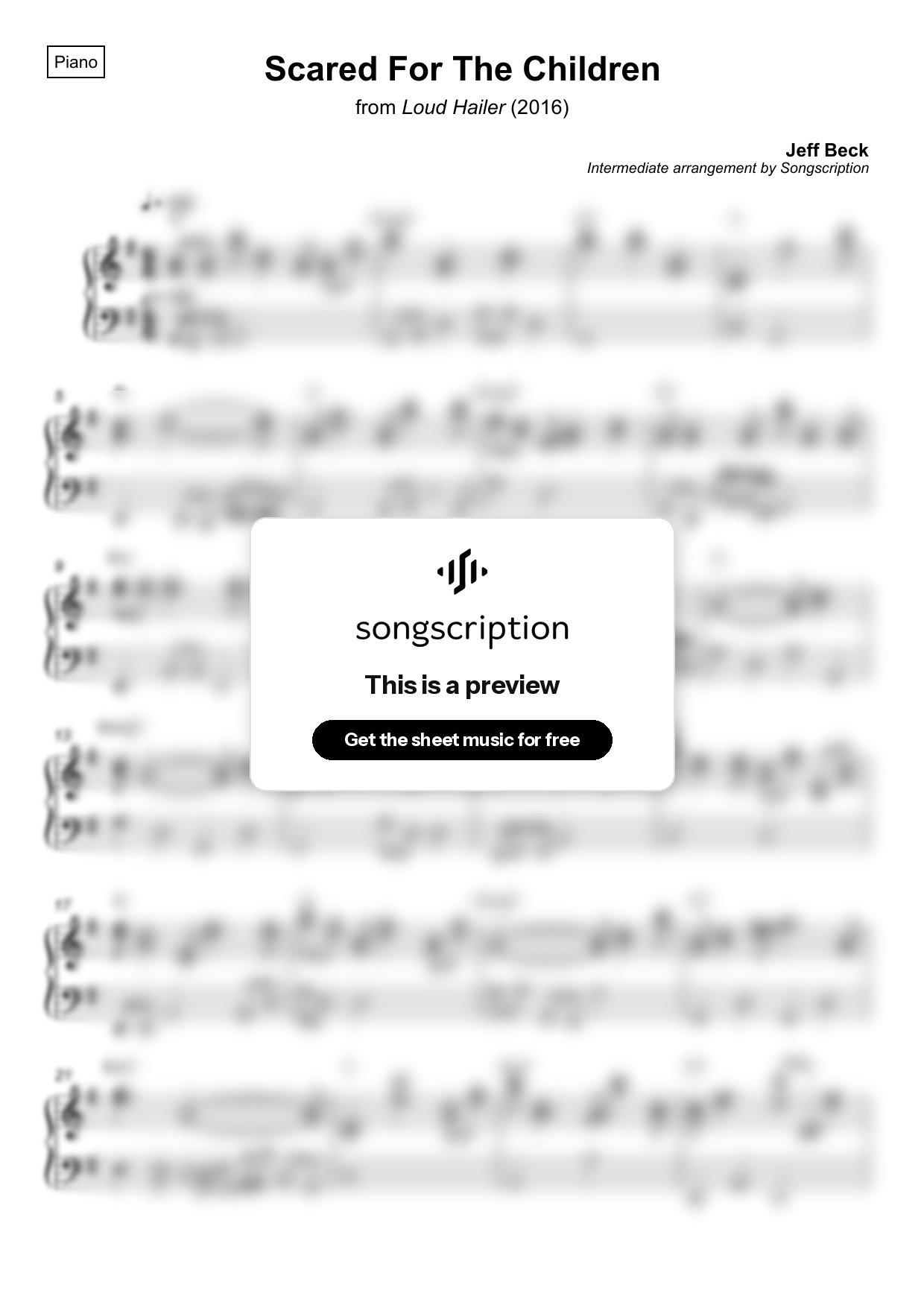 Intermediate Piano Sheet Music for "Scared For The Children" by Jeff Beck