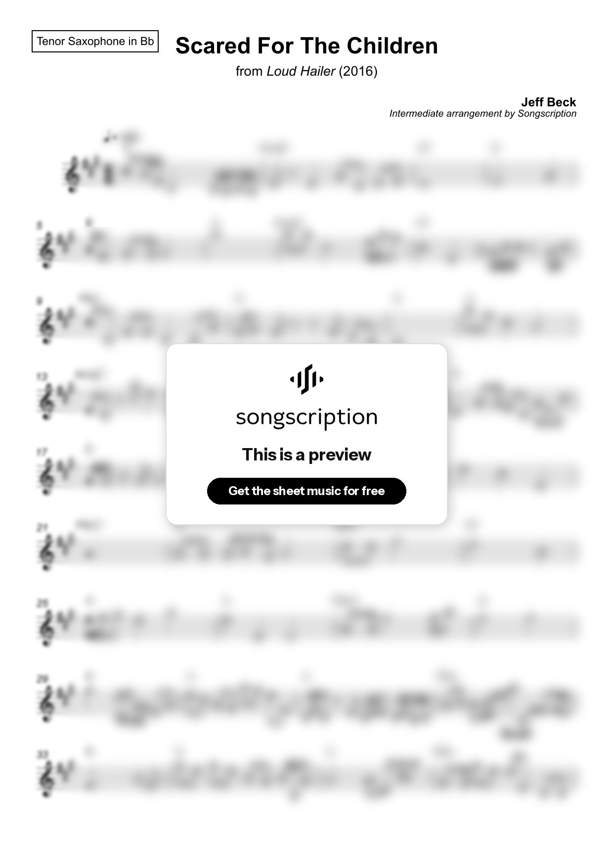 Intermediate Tenor Sax Sheet Music for "Scared For The Children" by Jeff Beck