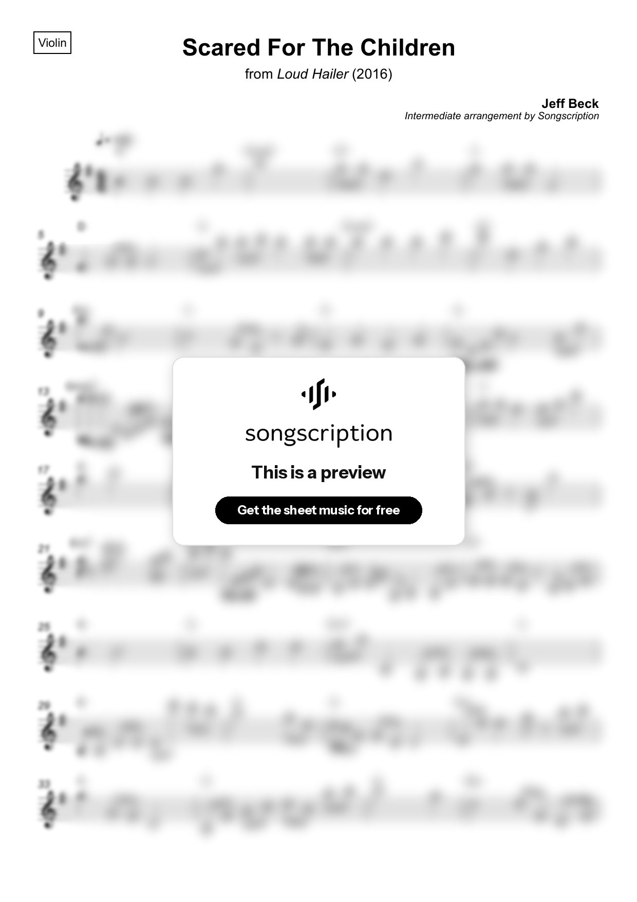 Intermediate Violin Sheet Music for "Scared For The Children" by Jeff Beck