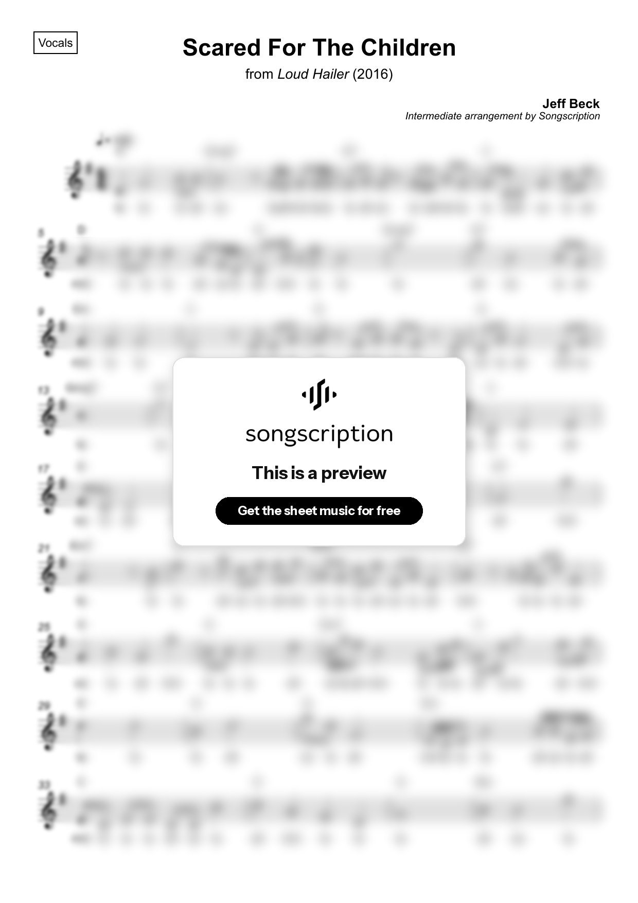 Intermediate Vocals Sheet Music for "Scared For The Children" by Jeff Beck