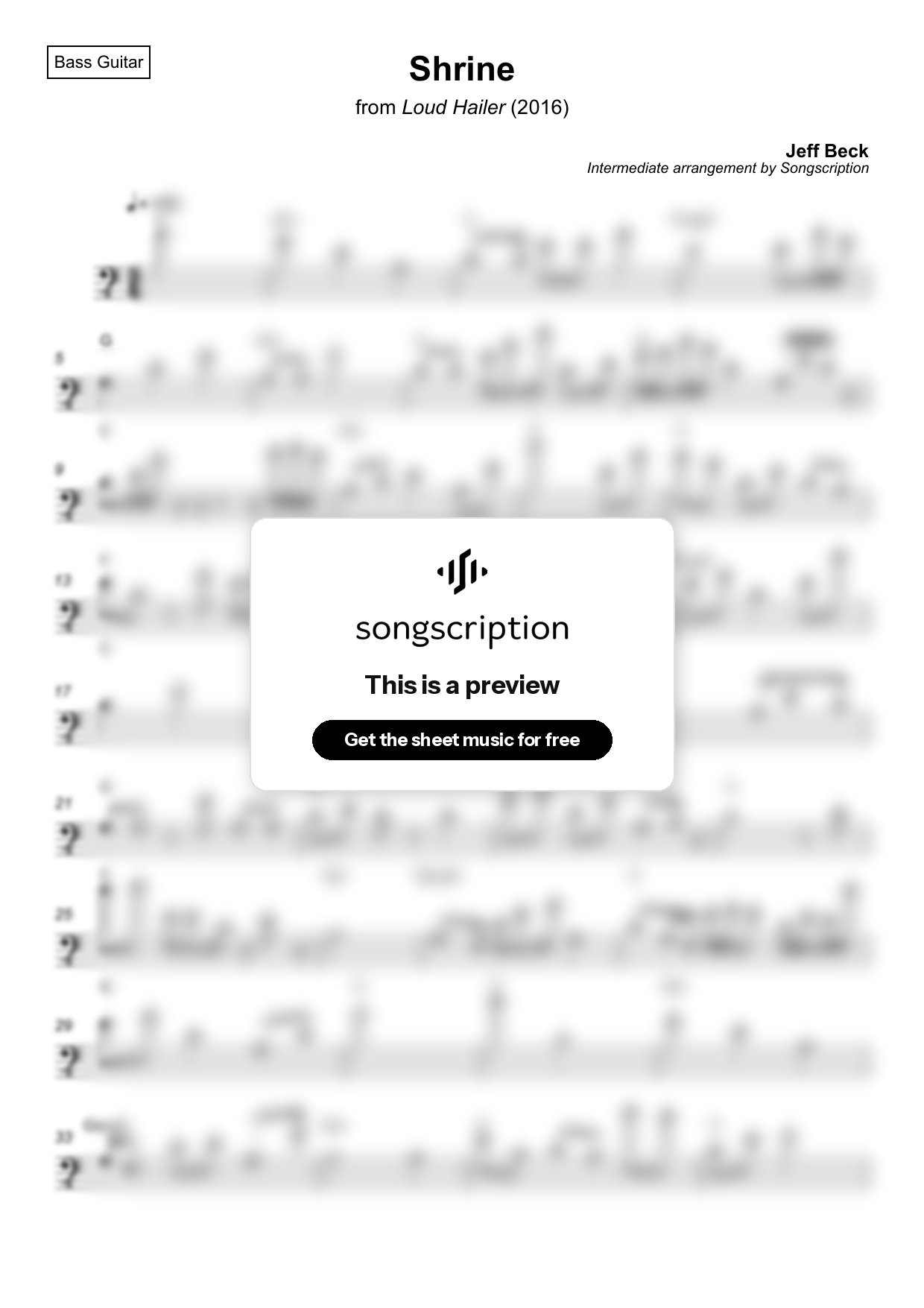 Intermediate Bass Guitar Sheet Music for "Shrine" by Jeff Beck