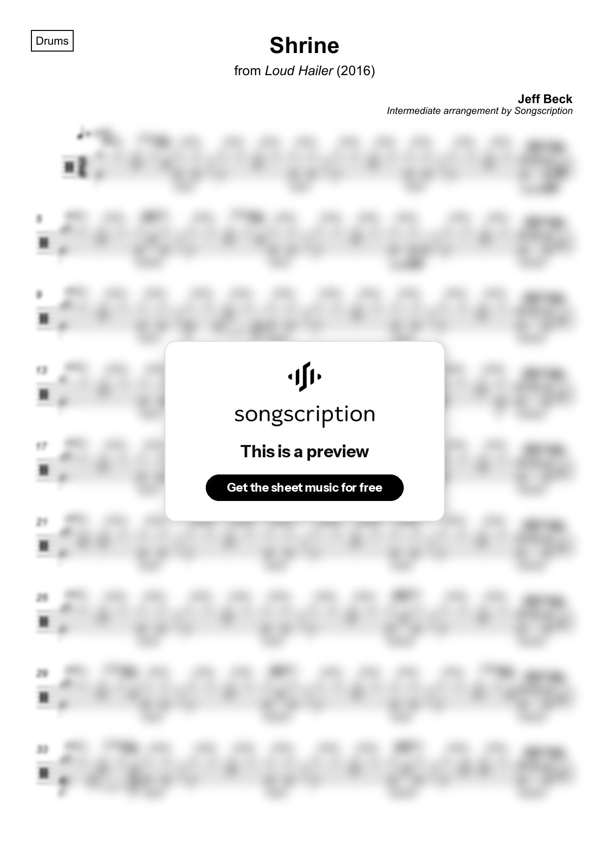 Intermediate Drums Sheet Music for "Shrine" by Jeff Beck