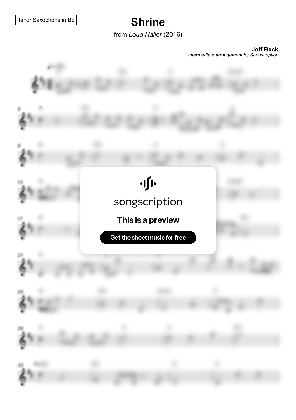 Intermediate Tenor Sax Sheet Music for "Shrine" by Jeff Beck