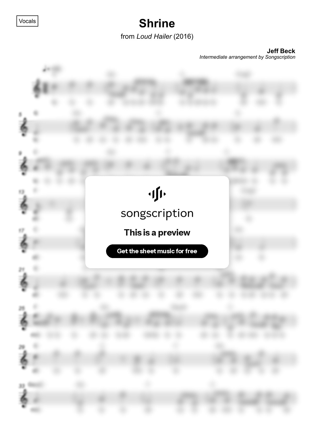 Intermediate Vocals Sheet Music for "Shrine" by Jeff Beck