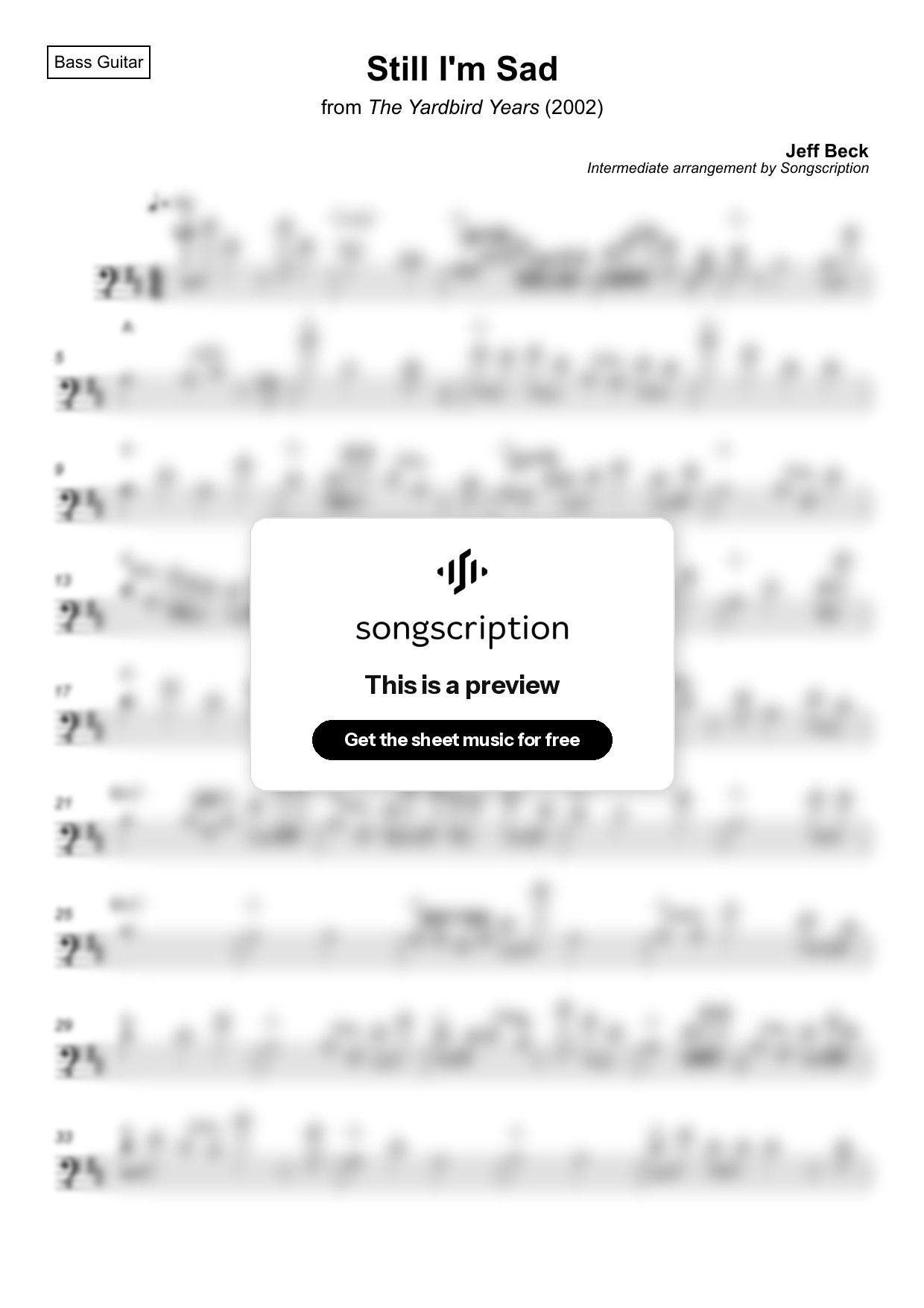 Intermediate Bass Guitar Sheet Music for "Still I'm Sad" by Jeff Beck