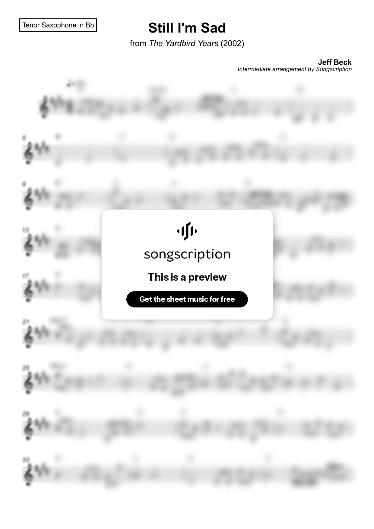 Intermediate Tenor Sax Sheet Music for "Still I'm Sad" by Jeff Beck