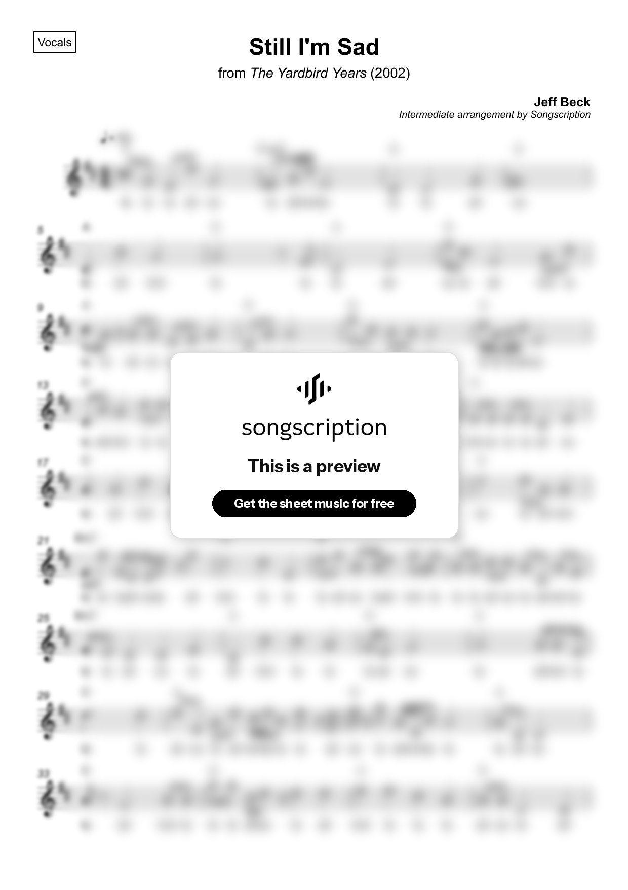 Intermediate Vocals Sheet Music for "Still I'm Sad" by Jeff Beck