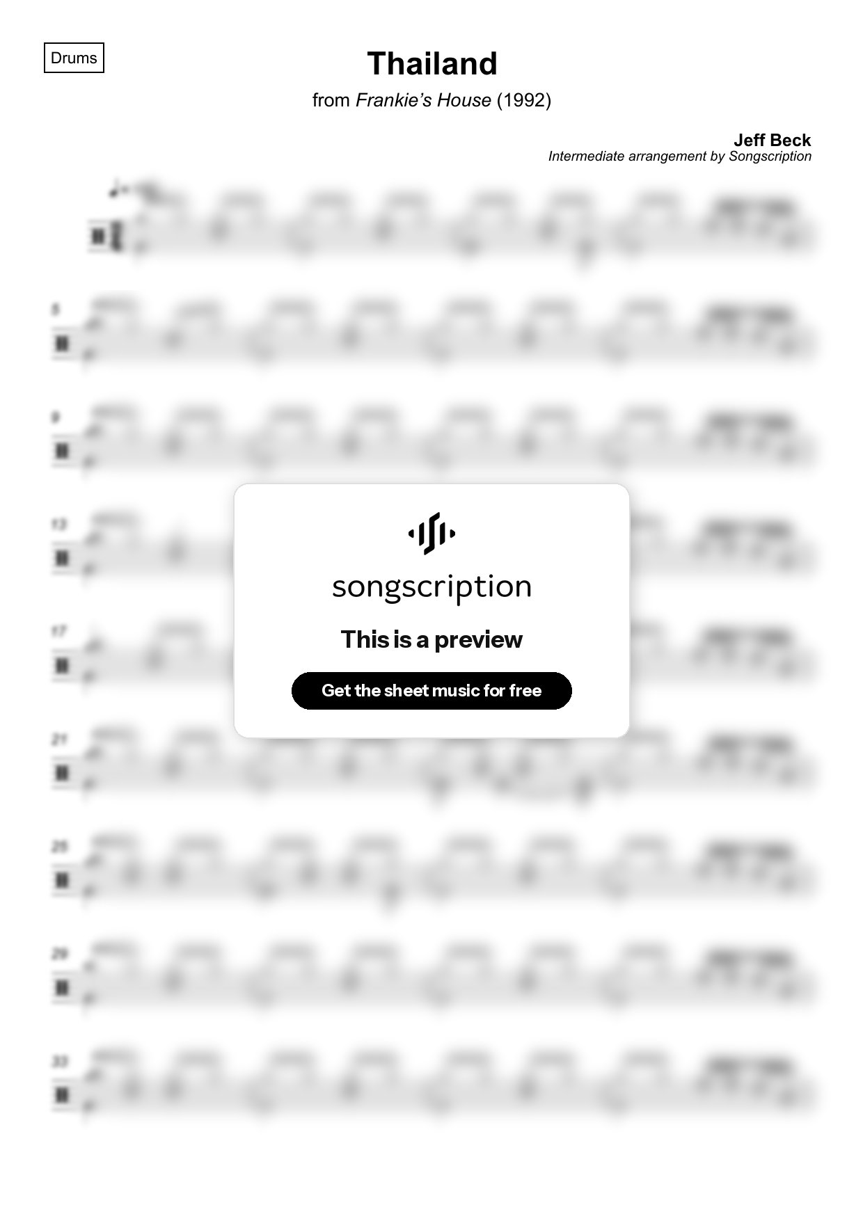 Intermediate Drums Sheet Music for "Thailand" by Jeff Beck
