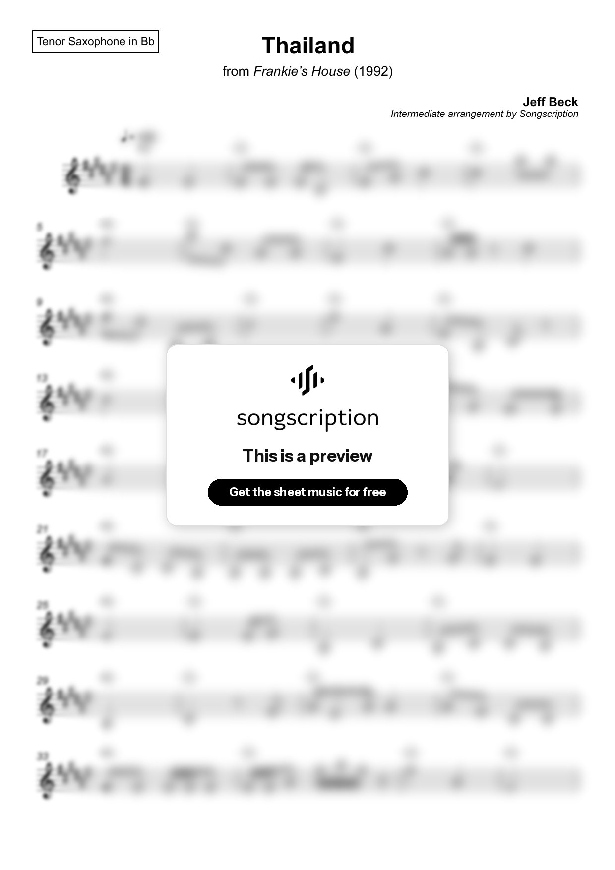 Intermediate Tenor Sax Sheet Music for "Thailand" by Jeff Beck