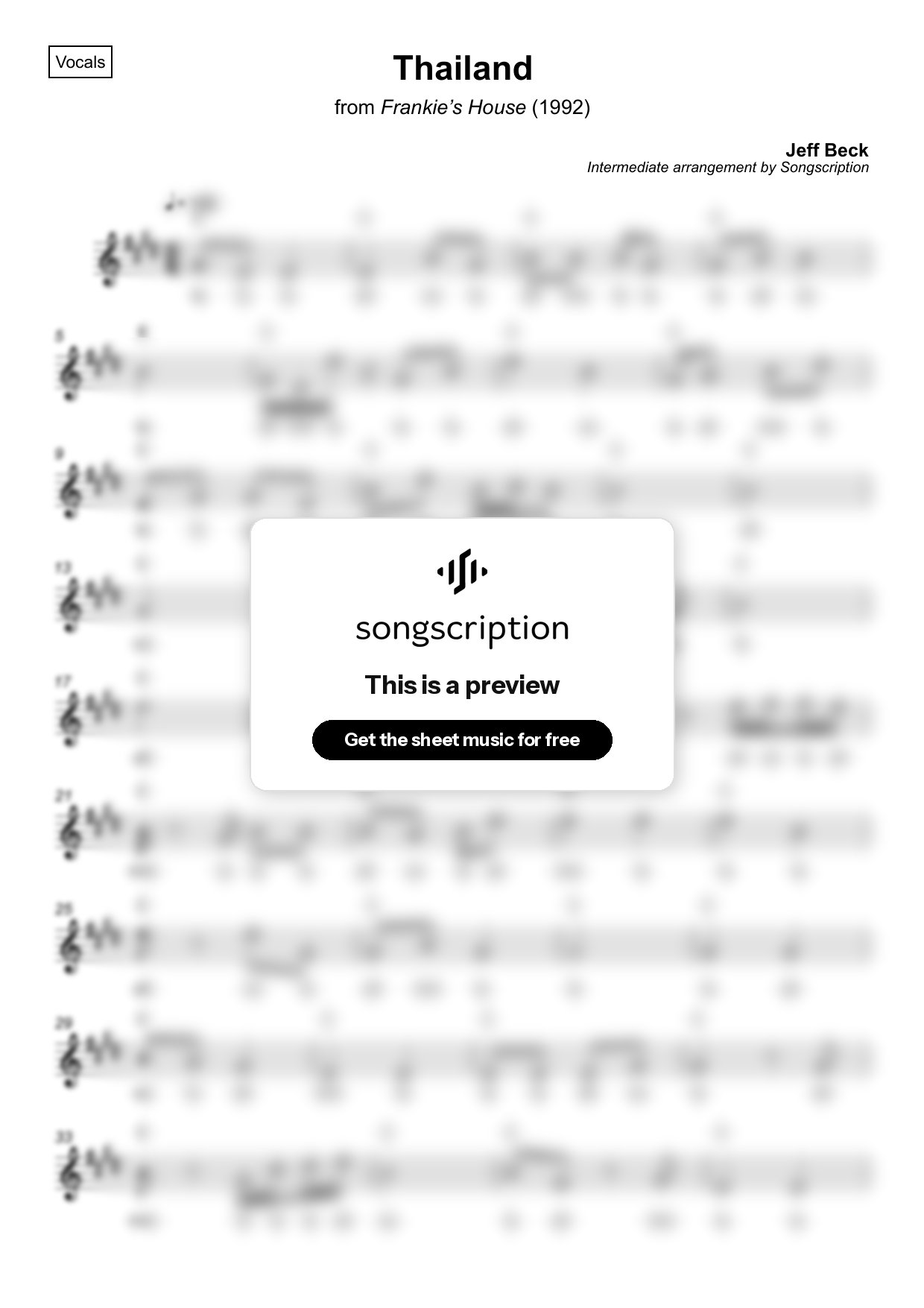 Intermediate Vocals Sheet Music for "Thailand" by Jeff Beck