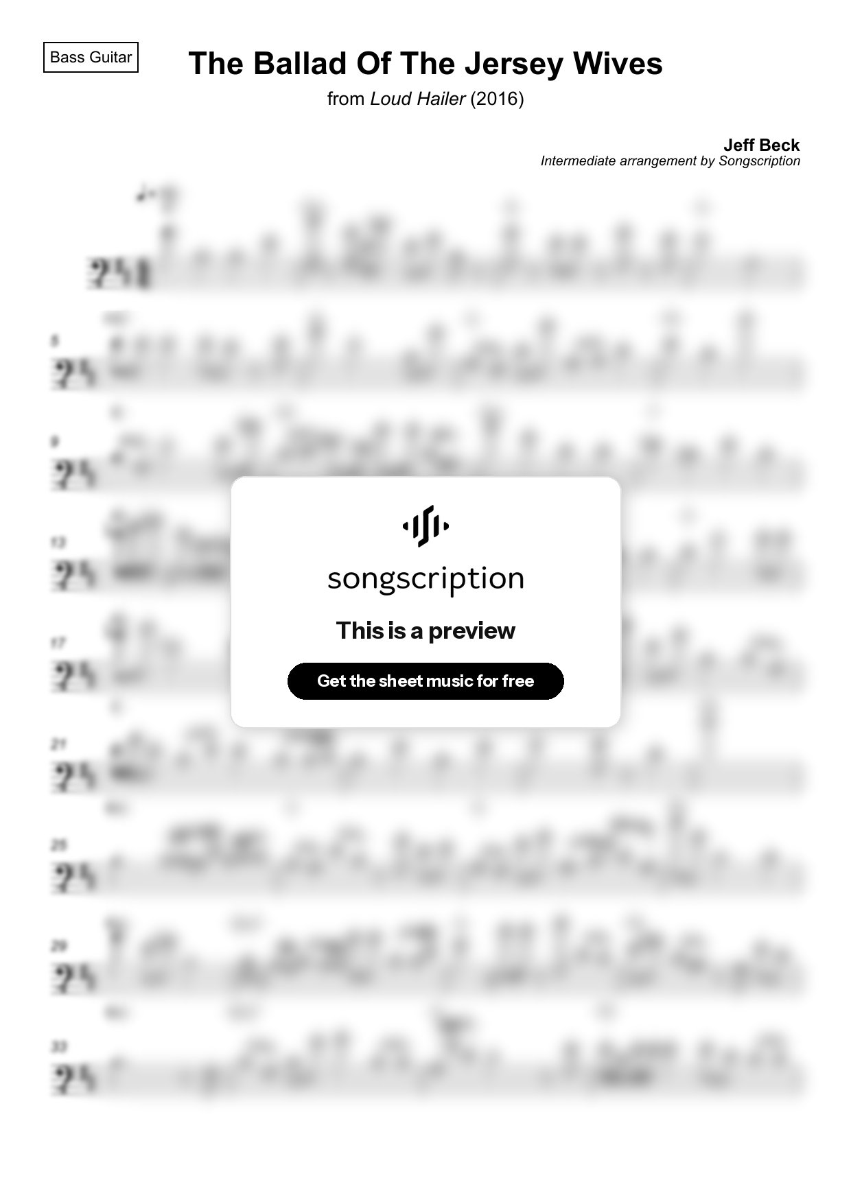 Intermediate Bass Guitar Sheet Music for "The Ballad Of The Jersey Wives" by Jeff Beck
