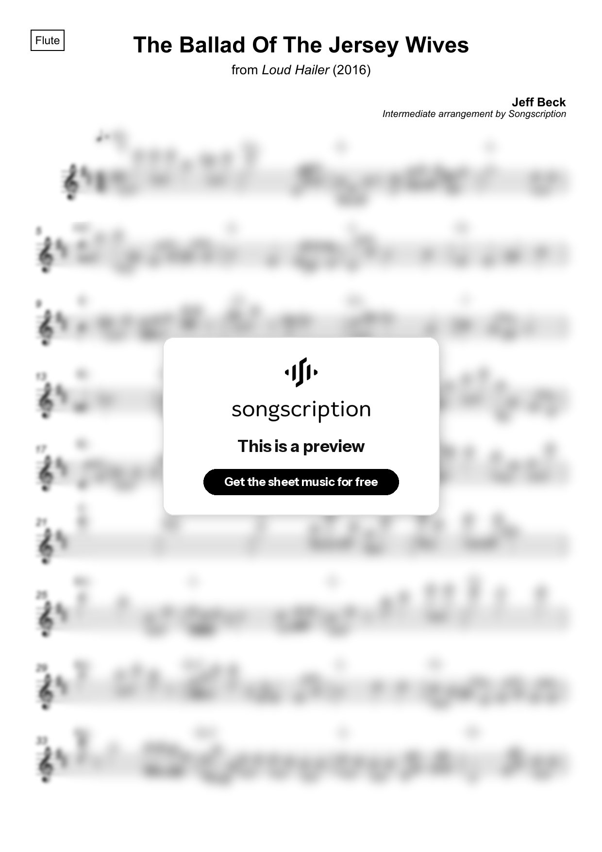 Intermediate Flute Sheet Music for "The Ballad Of The Jersey Wives" by Jeff Beck