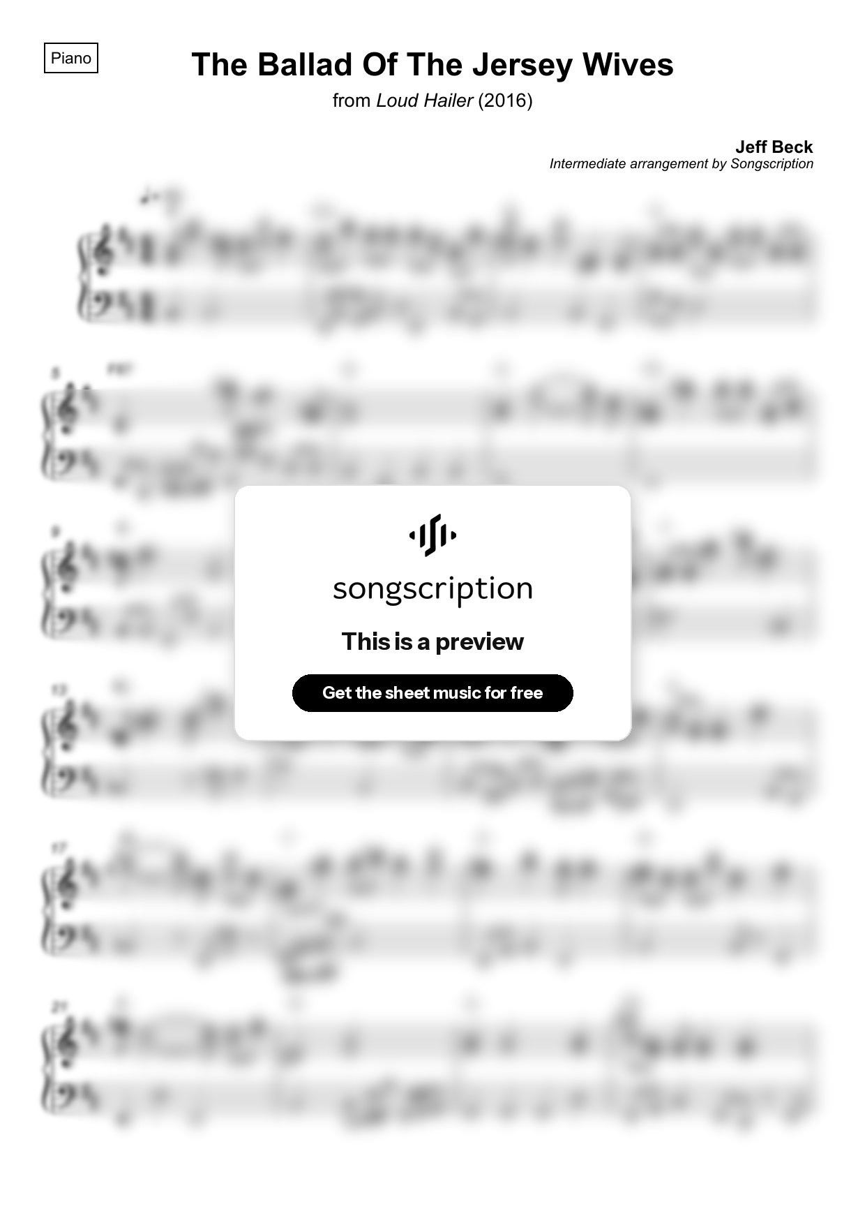 Intermediate Piano Sheet Music for "The Ballad Of The Jersey Wives" by Jeff Beck