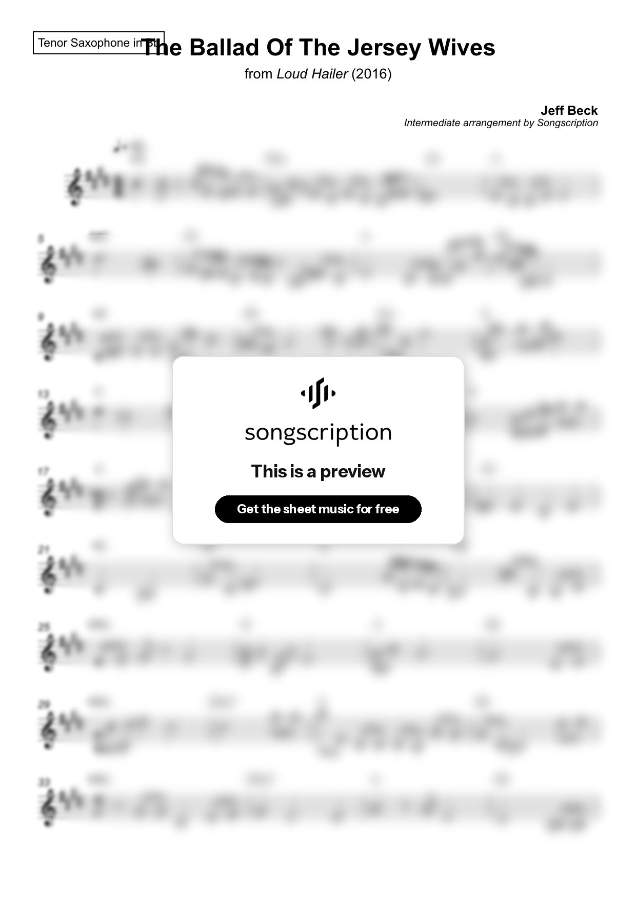 Intermediate Tenor Sax Sheet Music for "The Ballad Of The Jersey Wives" by Jeff Beck